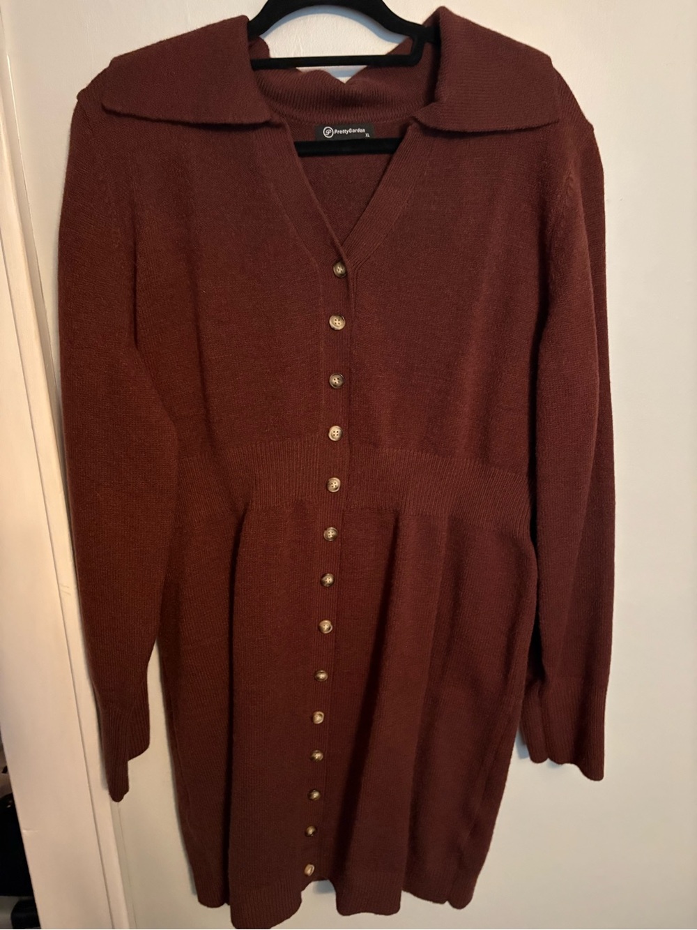 Button-Front Long Sleeve Dress in Rust Brown